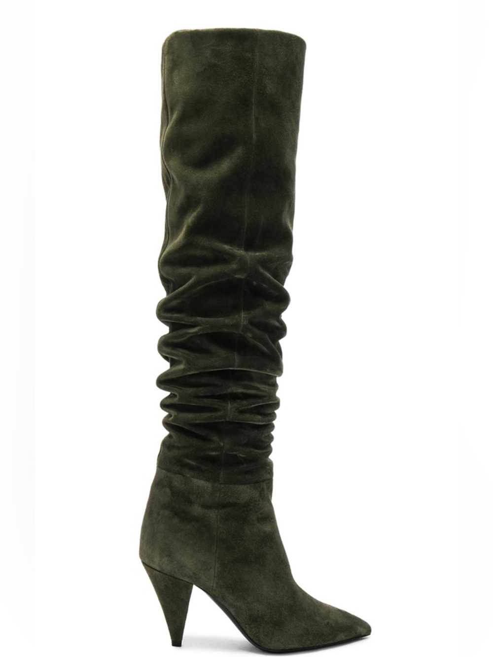 SAINT LAURENT
Suede Era Heeled Thigh High Boots in Army Green
